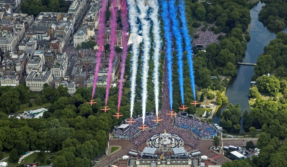 Handout photo issued by the Ministry of Defence (MoD) of the Red Arrows flying over Buckingham Palace during a special flypast following the Trooping the Colour ceremony at Horse Guards Parade, central London, as the Queen celebrates her official birthday, on day one of the Platinum Jubilee celebrations. . Issue date: Thursday June 2, 2022.