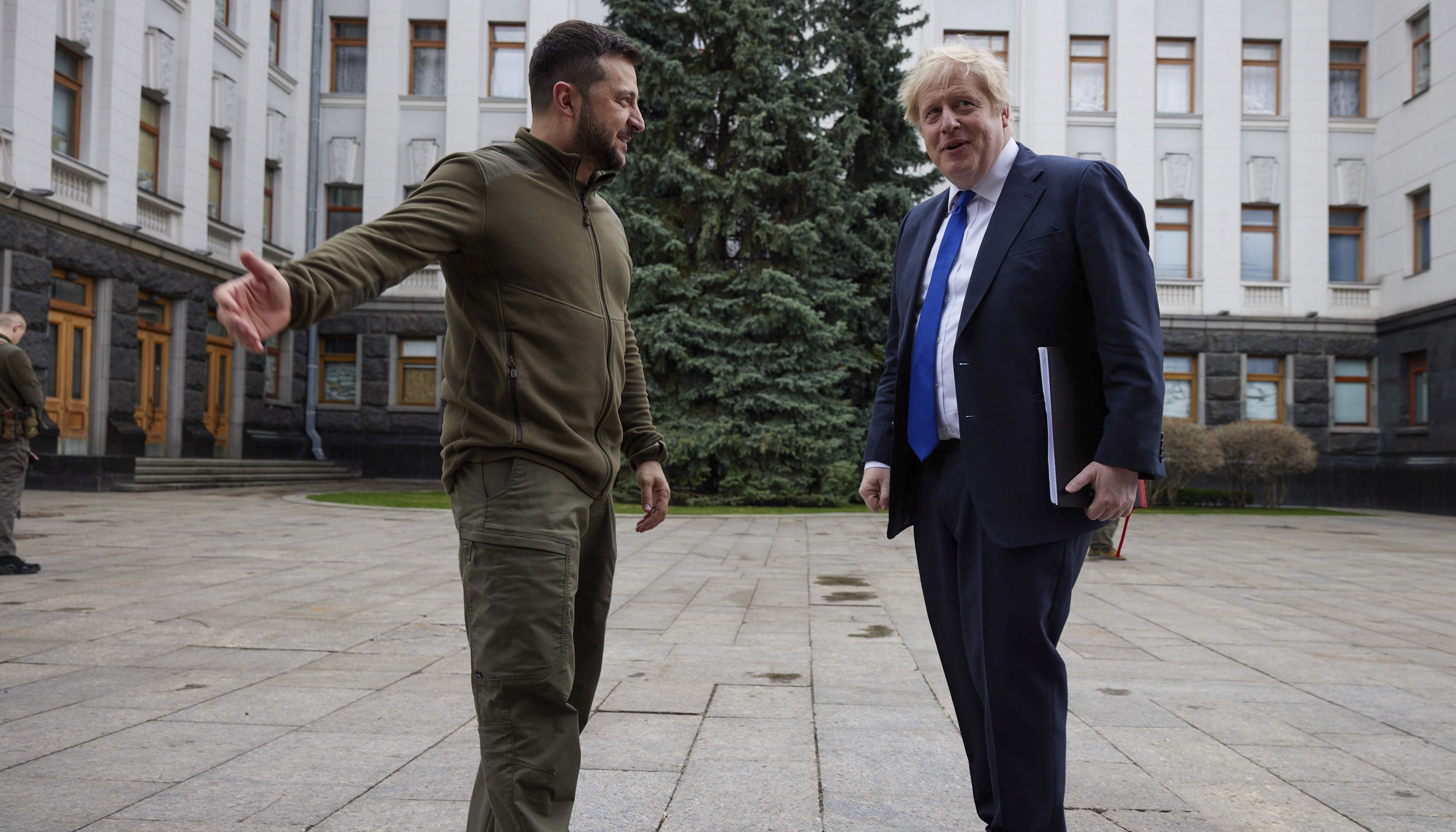 Handout photo issued by the Ukrainian Presidential Press Office of Prime Minister Boris Johnson (right) meeting Ukrainian President Volodymyr Zelensky in Kyiv, Ukraine. Picture date: Saturday April 9, 2022.