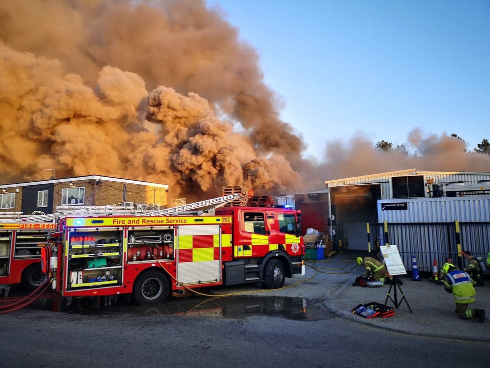 Handout photo of a fire breaking out at an industrial building on River Way, Harlow. Firefighters arrived on the scene just after 5am on Tuesday after reports that a fire had broken out on an industrial site on the River Way, Harlow. Picture date: Tuesday April 26, 2022.