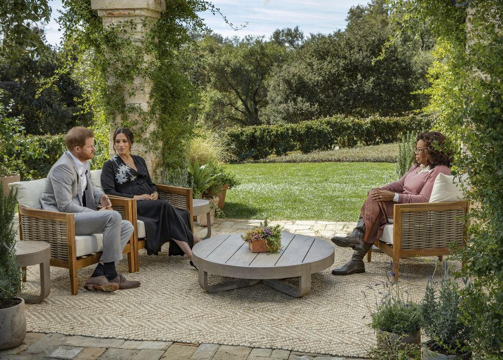 Handout photo supplied by Harpo Productions showing the Duke and Duchess of Sussex during their interview with Oprah Winfrey which was broadcast in the US on March 7. Issue date: Thursday September 8, 2022. The Duke and Duchess of Sussex plunged the royal family into one of the most challenging periods in modern royal history during the later years of the Queen's reign but a return to the UK for the funeral could offer Harry the chance to reunite with his family amid their shared grief and heartache for the loss of the Queen.