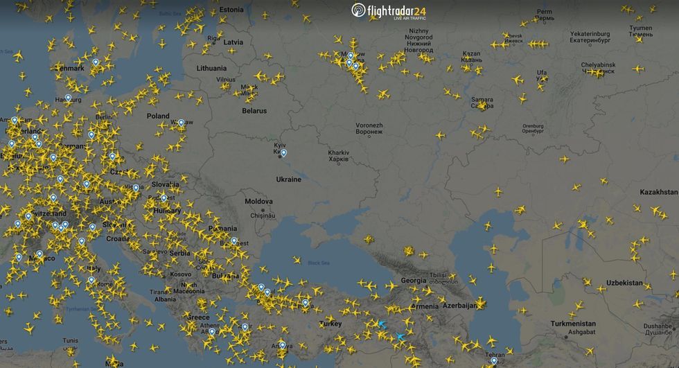 Handout screengrab from Flightradar24.com showing no civilian aircraft in Ukrainian airspace at 0600 GMT, following the Russian invasion of Ukraine. Picture date: Thursday February 24, 2022.