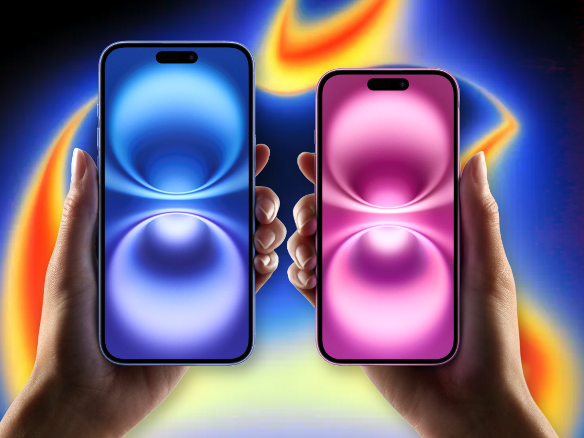 hands holding iPhone 16 Plus and iPhone 16 with the September Apple Event in the background