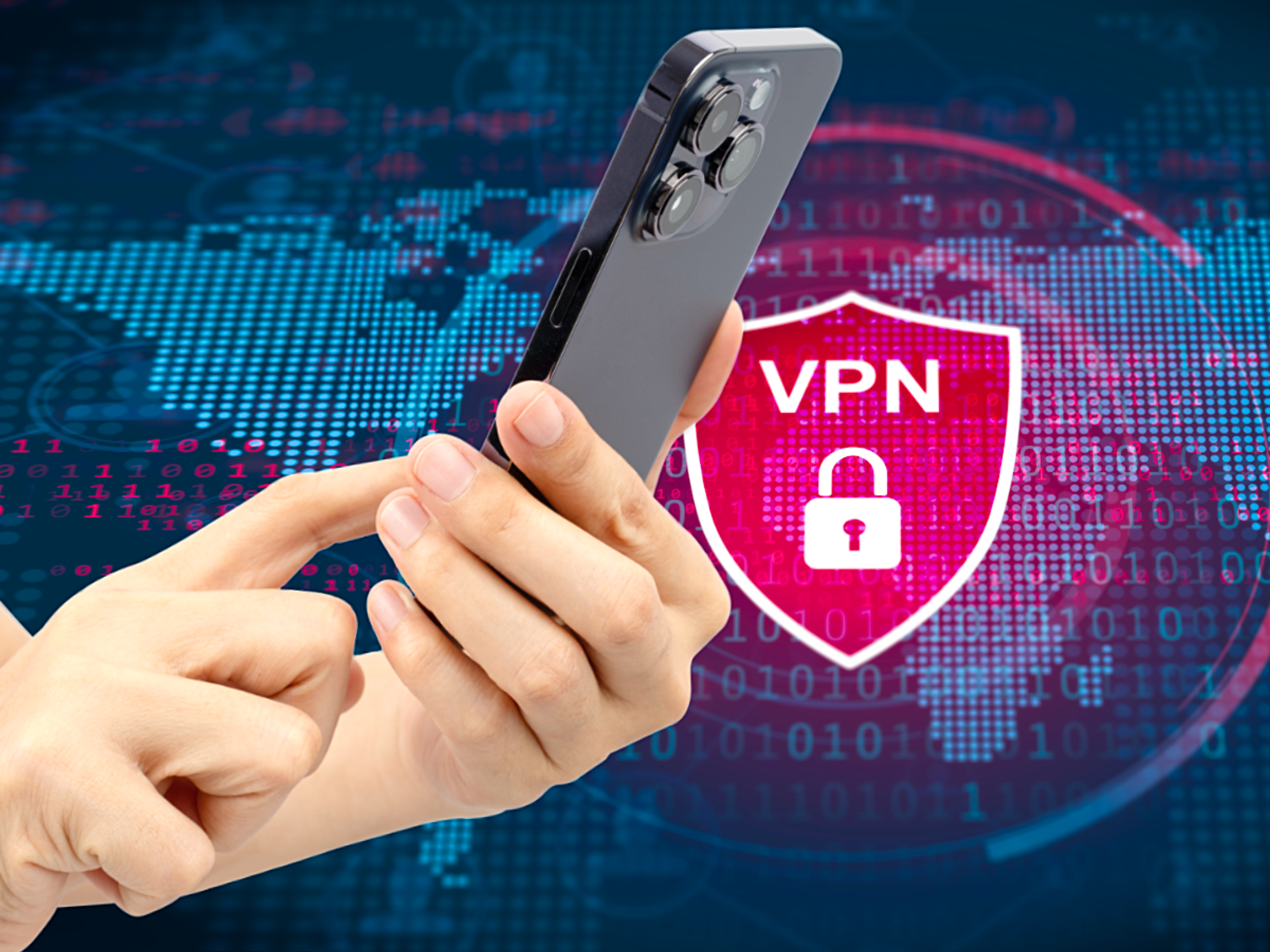 hands holding mobile phone with vpn logo over the globe in the background