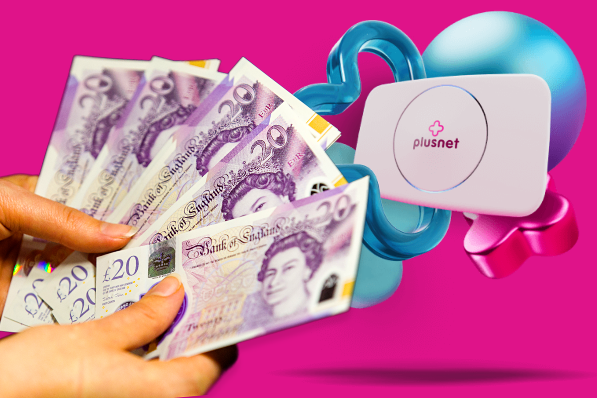 hands holding UK money with a Plusnet broadband router in the background