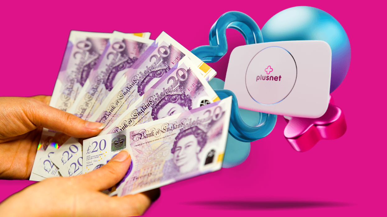 hands holding UK money with a Plusnet broadband router in the background