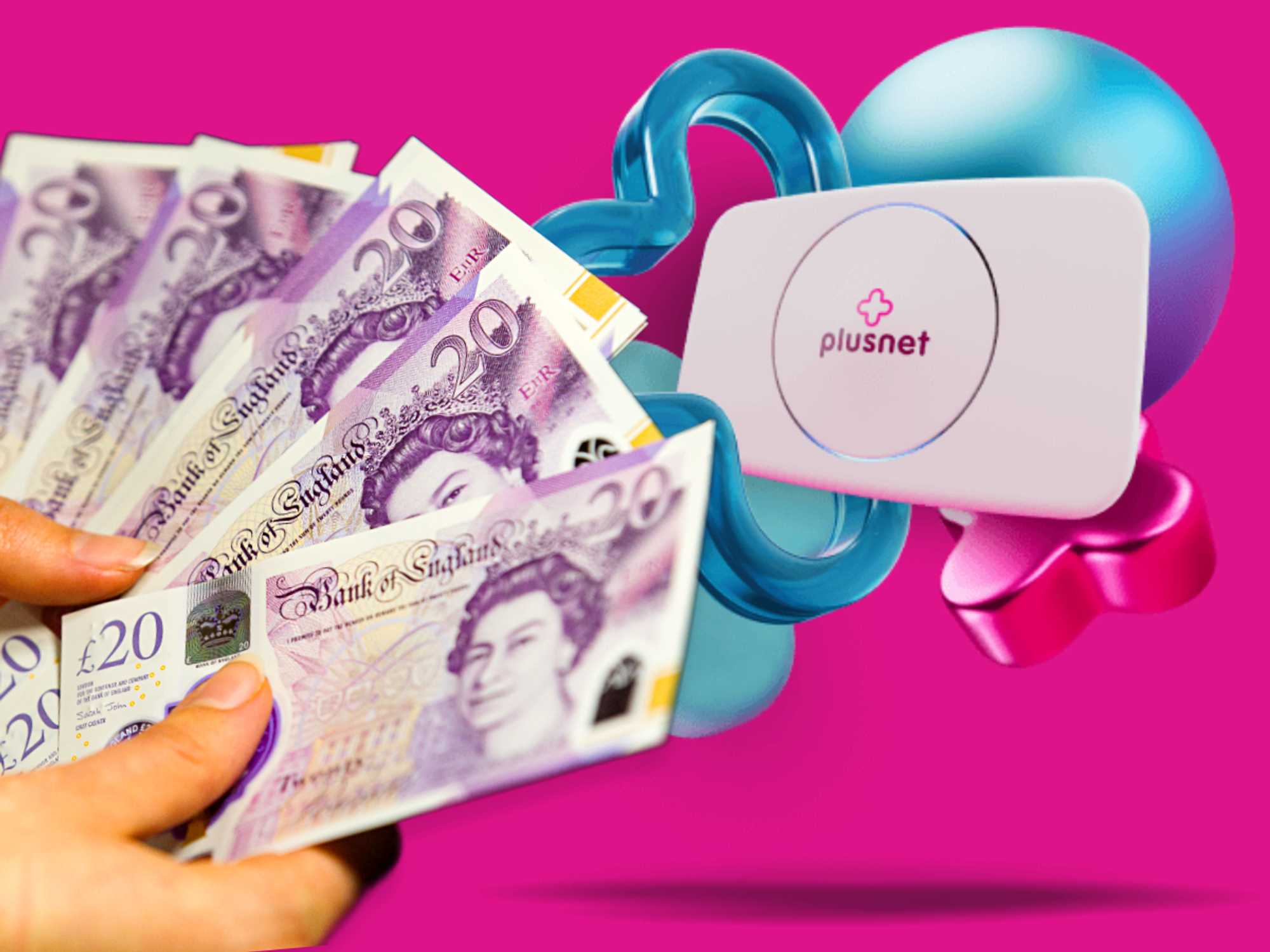 hands holding UK money with a Plusnet broadband router in the background