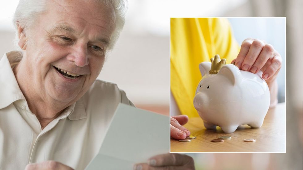 Happy and pensioner and piggy bank