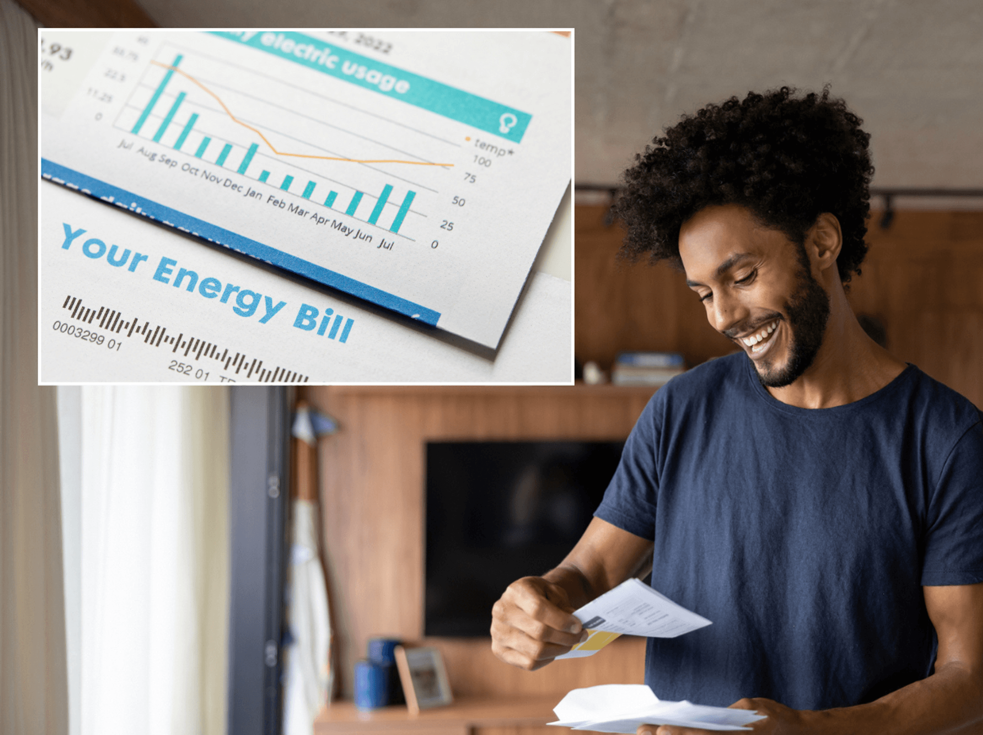 Happy person looking at energy bill