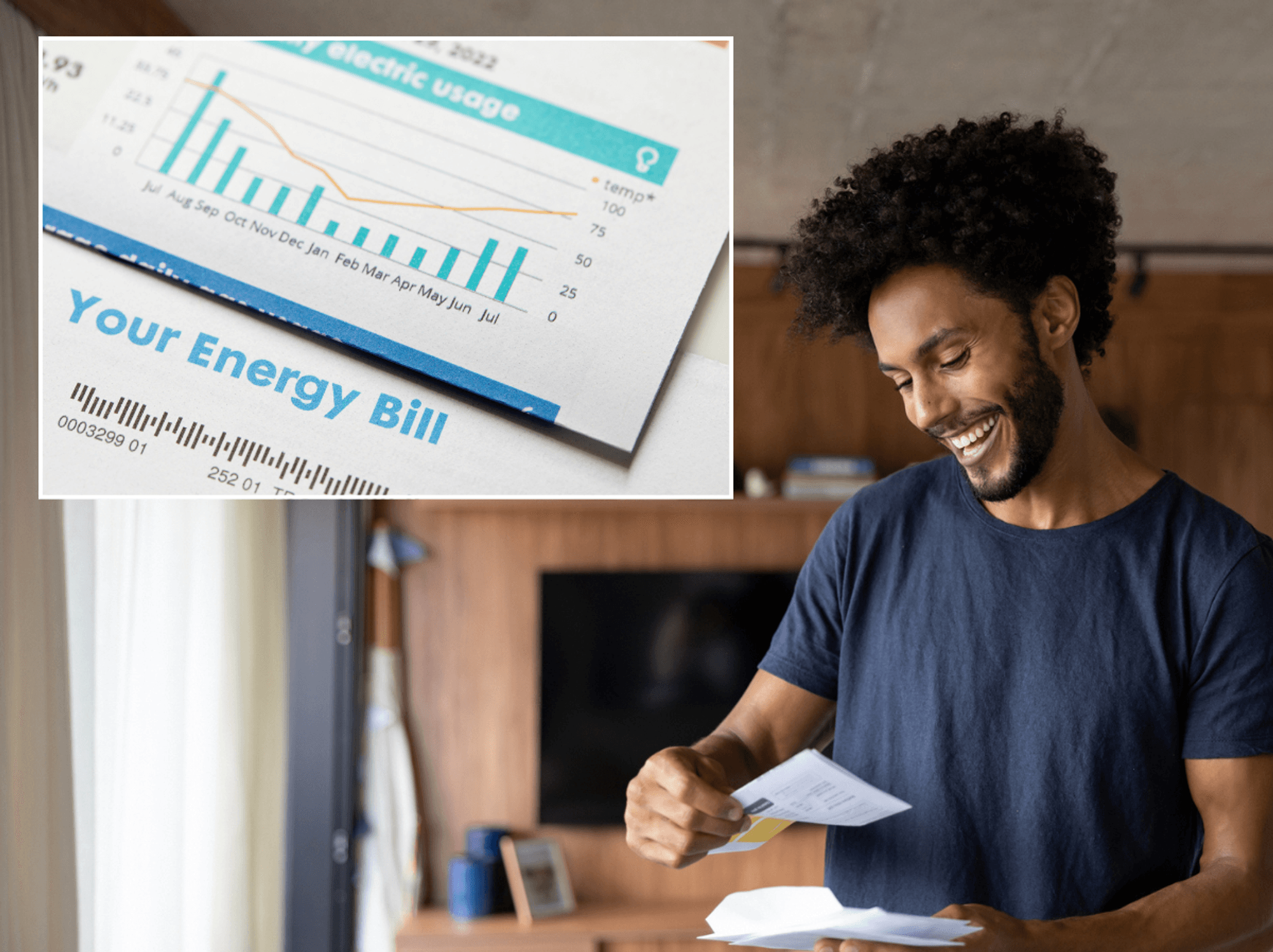Happy person looking at energy bill