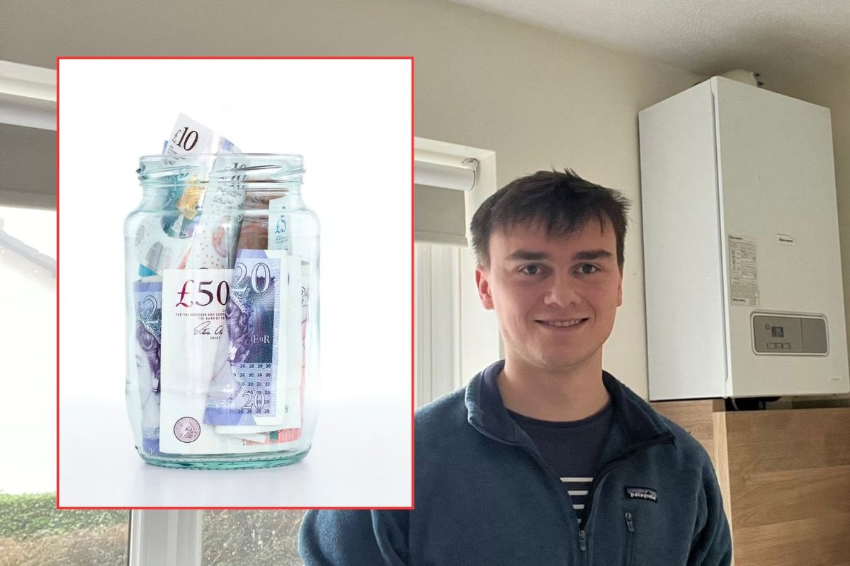 Harry Bishop in his kitchen and money in a jar