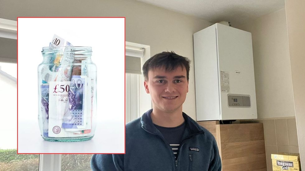 Harry Bishop in his kitchen and money in a jar