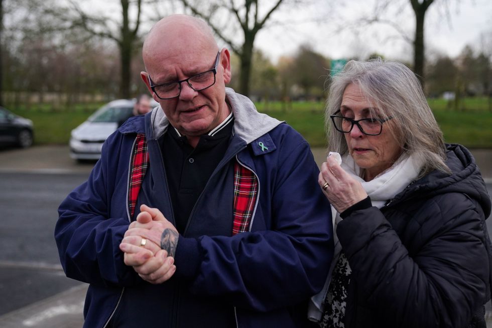Harry Dunn's father Tim alongside his wife Tracey after attending a second funeral for his son at Banbury Crematorium in Oxfordshire