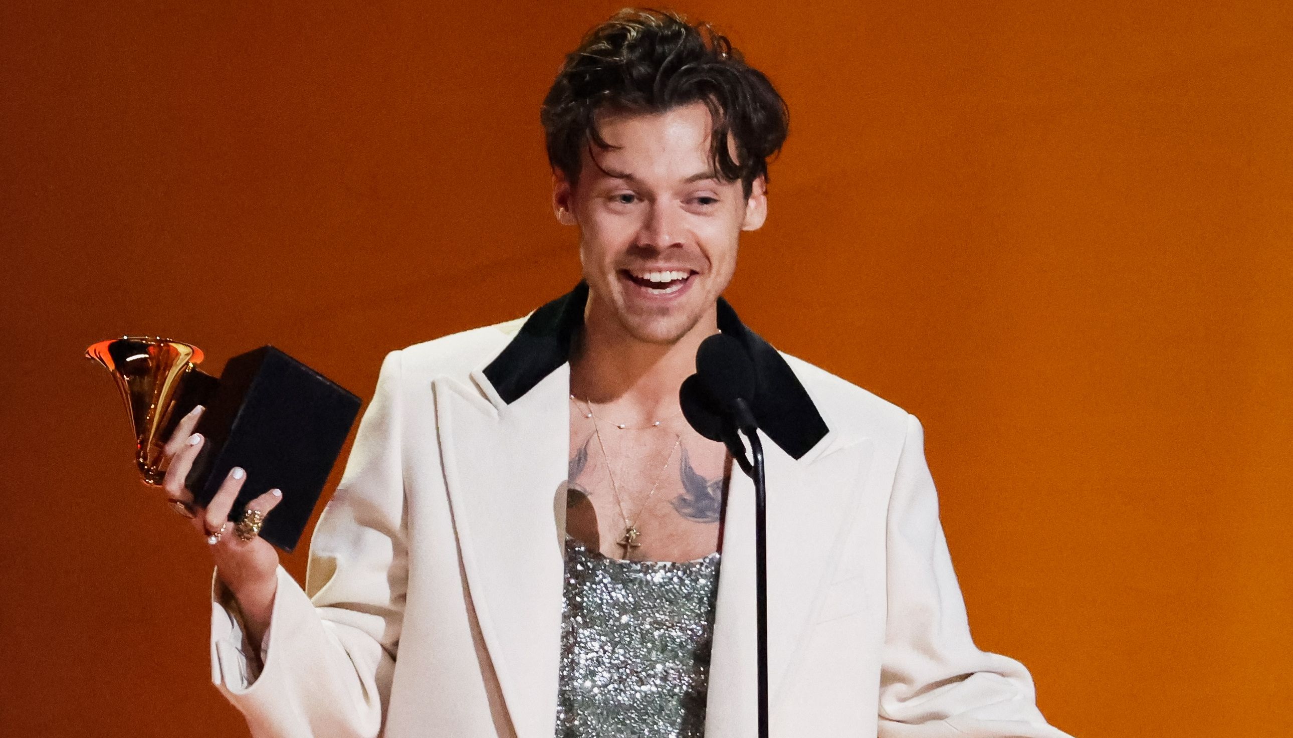 Harry Styles accepts the Album Of The Year award for %22Harry's House%22 during the 65th Annual Grammy Awards in Los Angeles, California, U.S., February 5, 2023. REUTERS/Mario Anzuoni