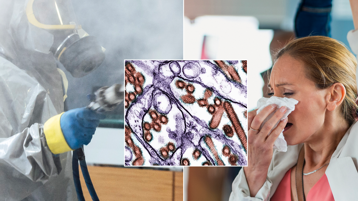 Hazmat man spraying, H5N1 and woman blowing her nose