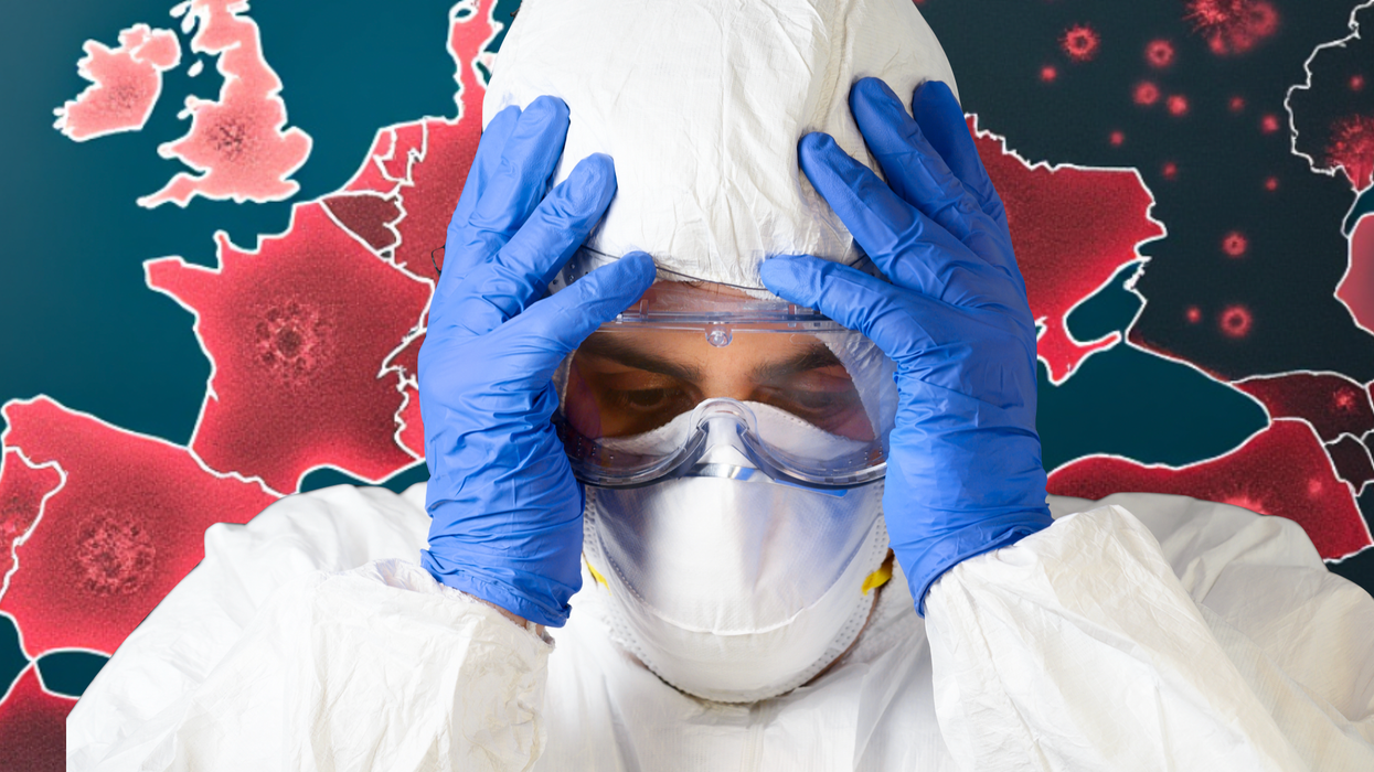 Hazmat suit researcher in front of a map of Europe