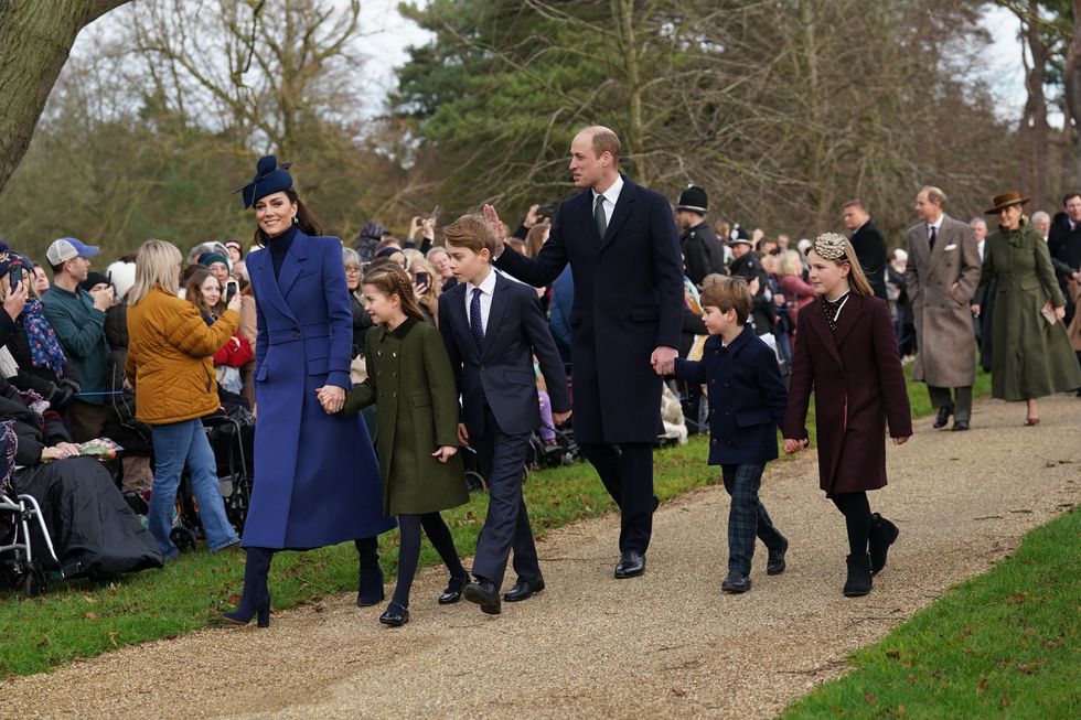 he Princess of Wales, Princess Charlotte, Prince George, the Prince of Wales, Prince Louis and Mia Tindall attending the Christmas Day morning church service at St Mary Magdalene Church in Sandringham, Norfolk