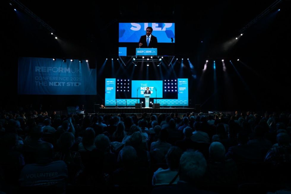 Head of Reform UK's Department of Government Efficiency Zia Yusuf speaks to delegates on day one of the Reform UK party conference at National Exhibition Centre