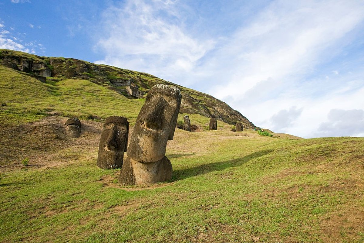 Heads of moai in Rano Raraku in the Rapa Nui National Park on Easter Island