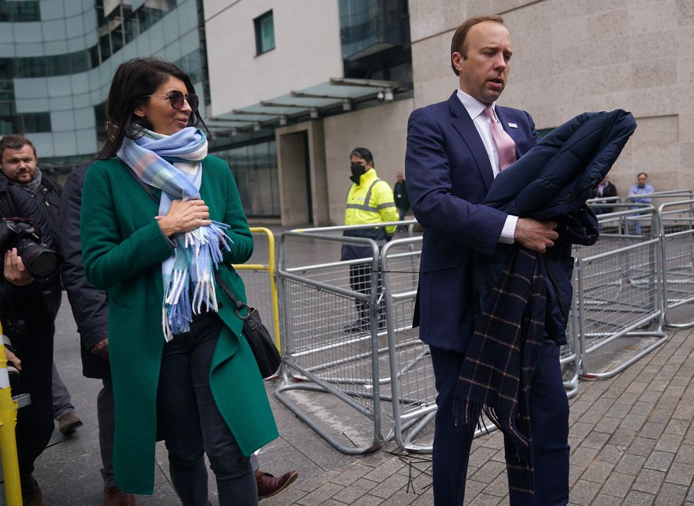 Health Secretary Matt Hancock with adviser Gina Coladangelo (left) outside BBC Broadcasting House in London.