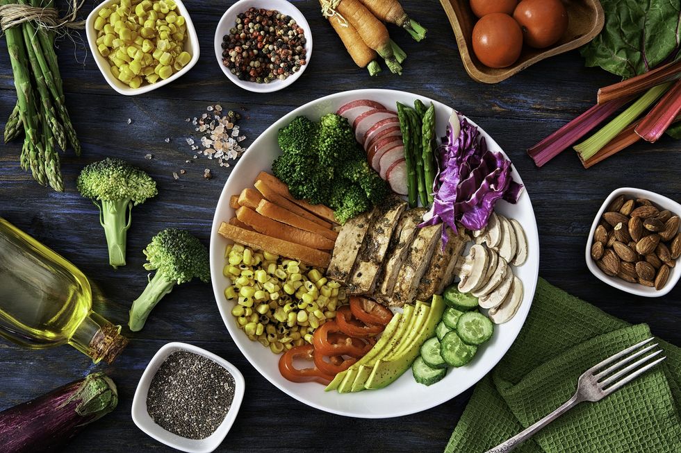 Healthy bowl of salad, vegetables and chicken
