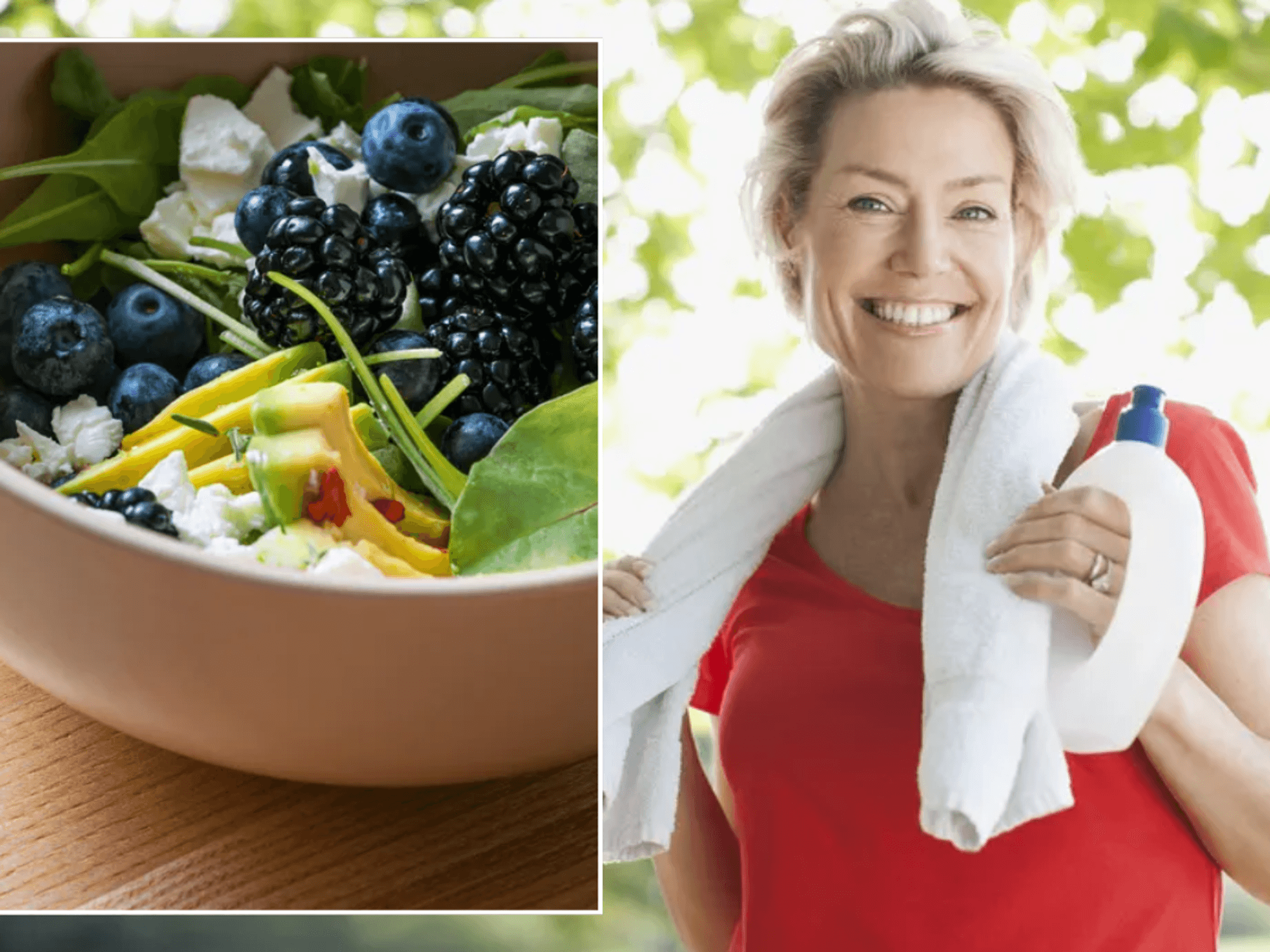healthy food in a bowl / woman working out