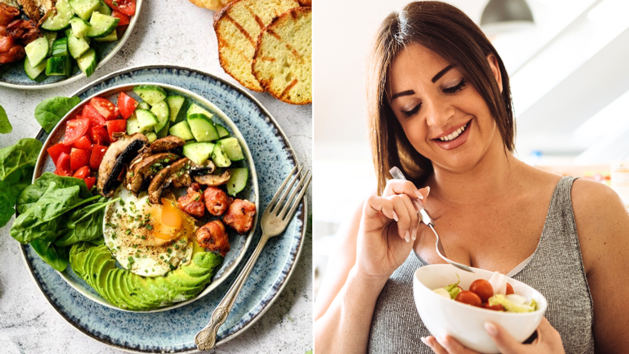 Healthy salad / woman eating fruit