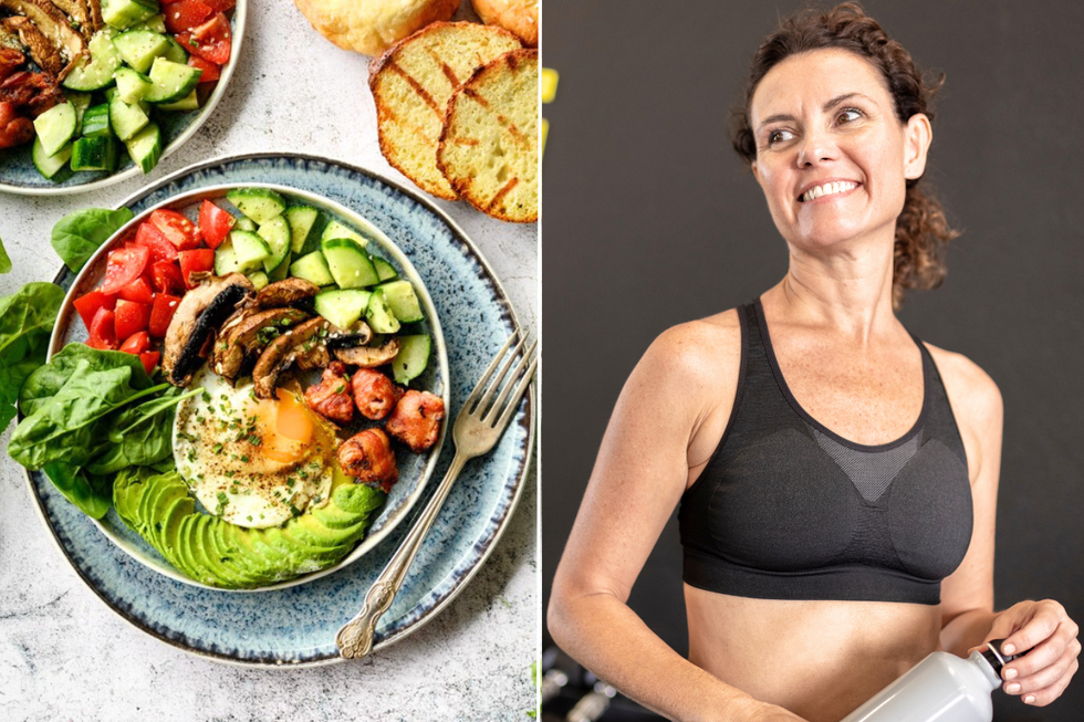 Healthy salad / woman in workout clothing