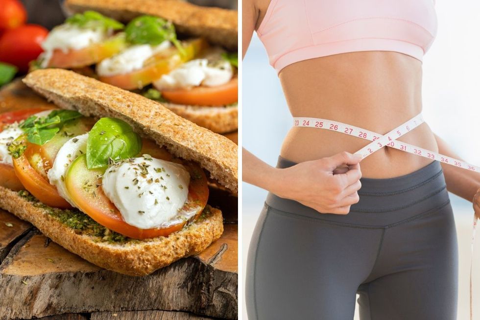 Healthy sandwich on brown bread / Slim woman measuring waist