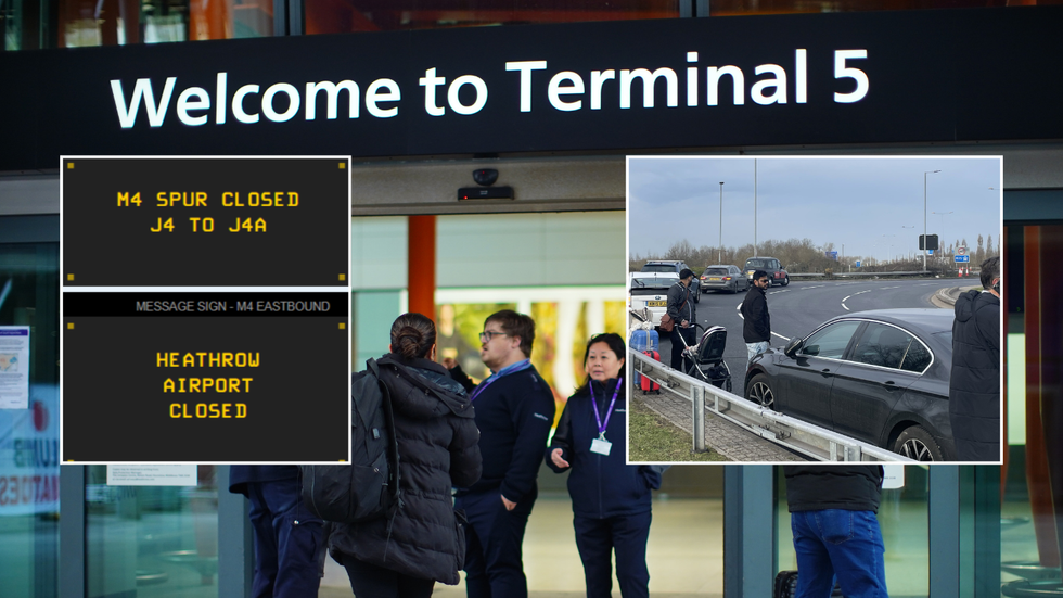 Heathrow closure sign and stranded passengers