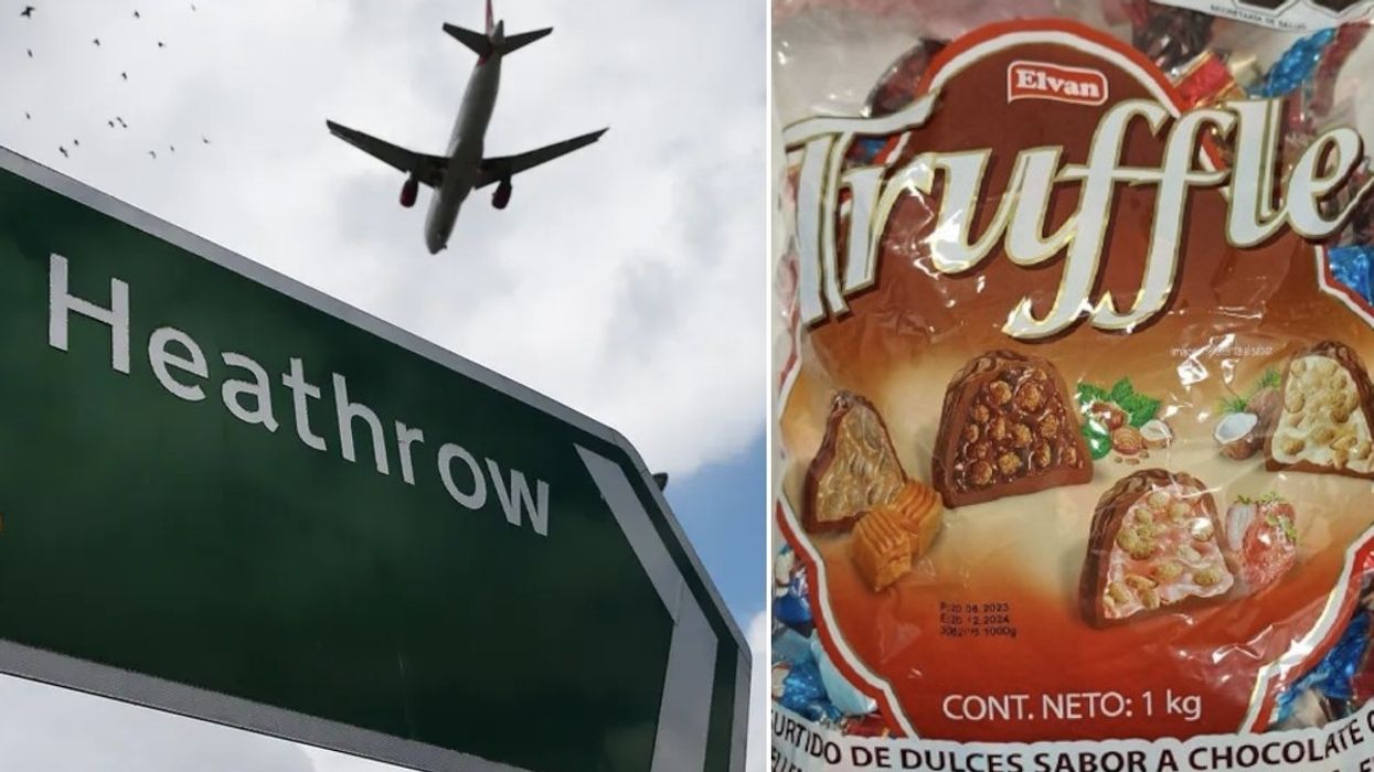 Heathrow sign and drugged candy wrappers