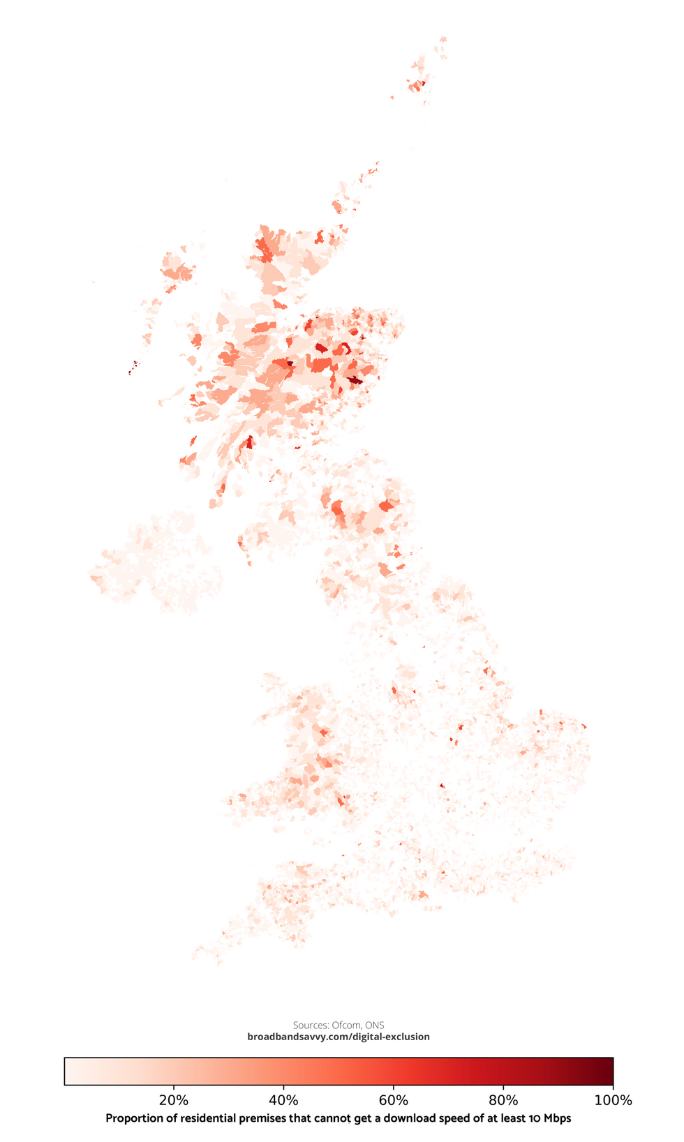 heatmap showing the areas of the UK with bad broadband connections