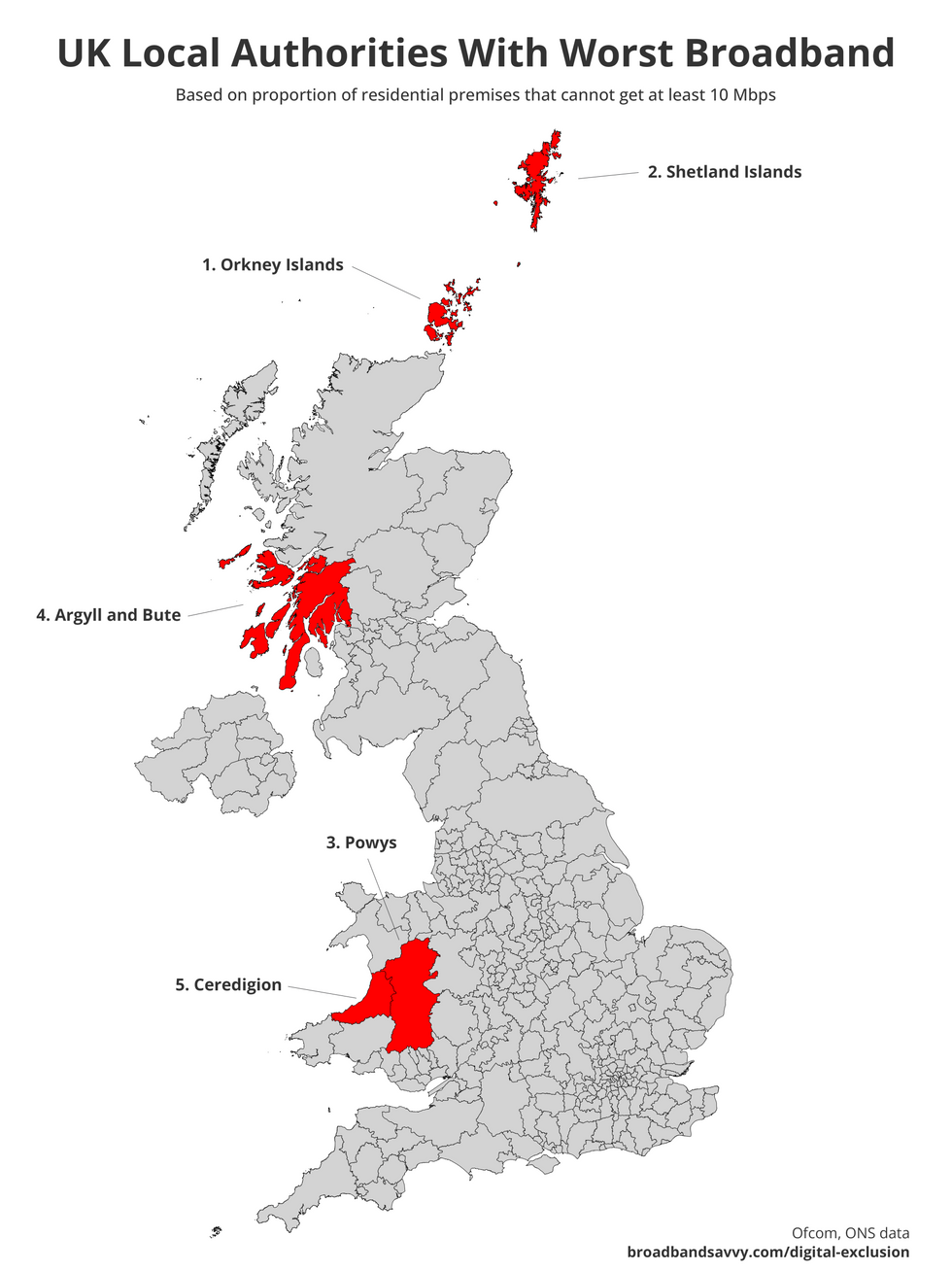 heatmap showing the local authorities in UK with bad broadband connections