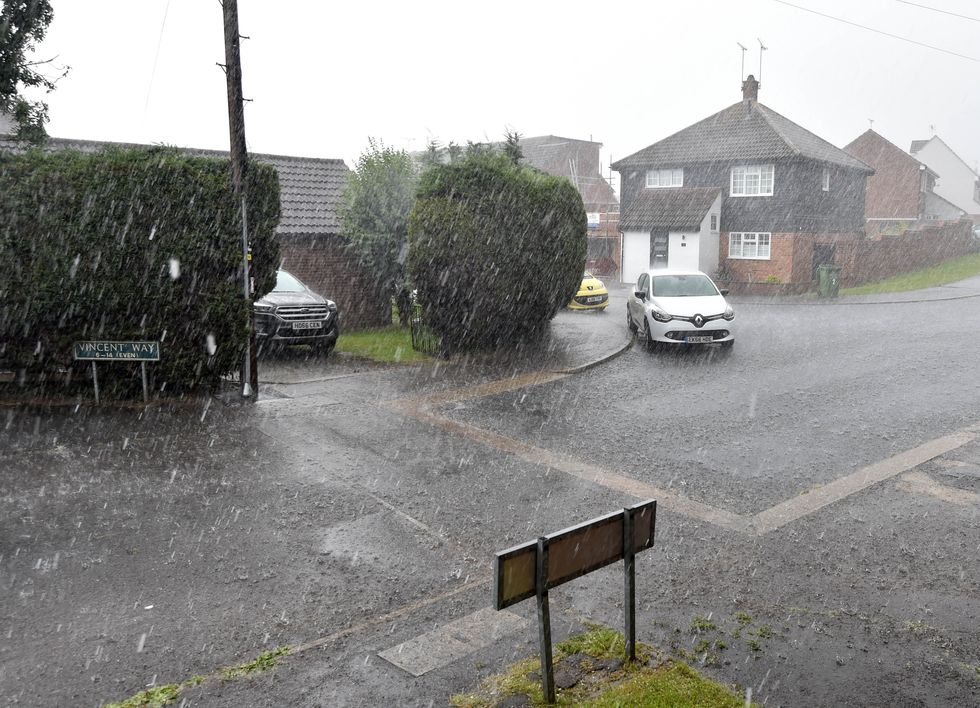 Heavy rain in Billericay, Essex during a brief but heavy storm.