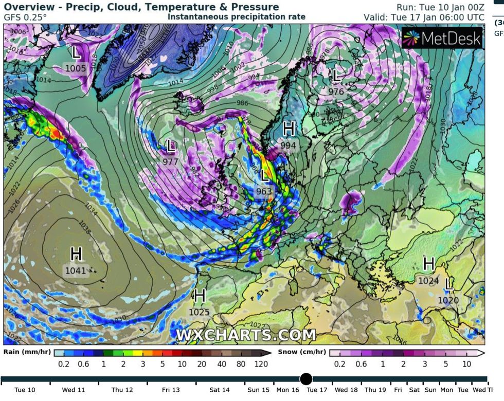 Heavy snow bands will sweep in as a low pressure front passes across the UK next Tuesday