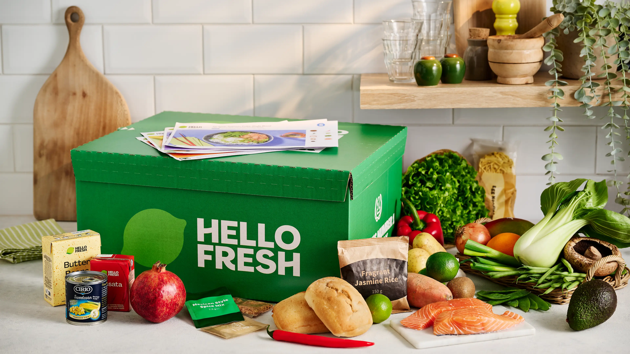 Hello Fresh box of food sitting on kitchen counter