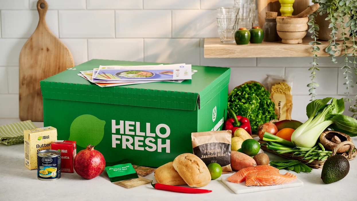 Hello Fresh box of food sitting on kitchen counter