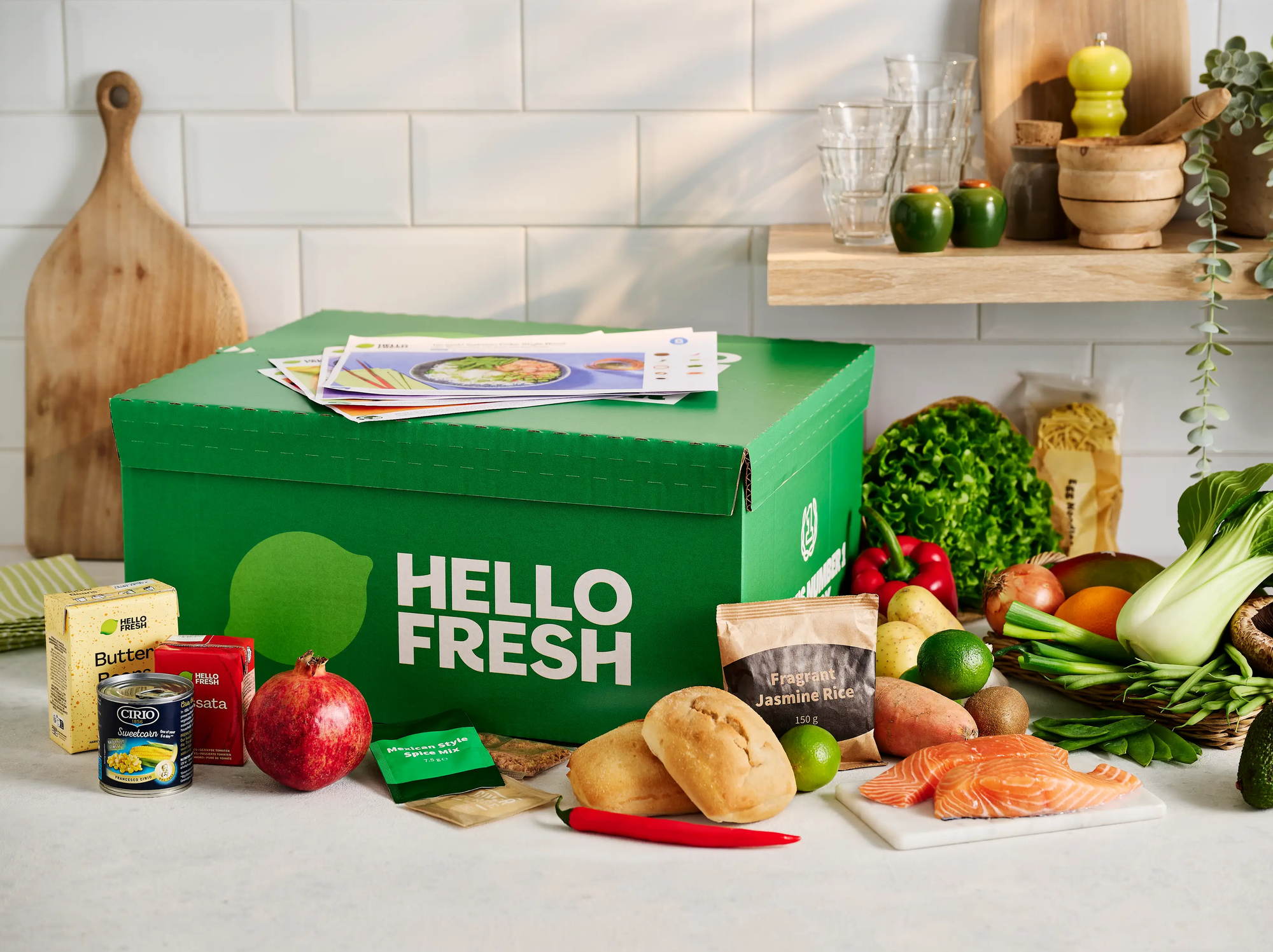 Hello Fresh box of food sitting on kitchen counter