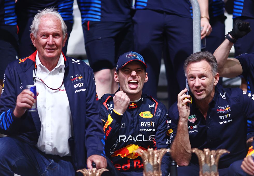 Helmut Marko, Max Verstappen and Christian Horner