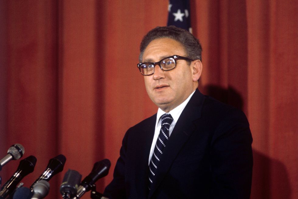 Henry Kissinger at an American Embassy Press conference at the end of his one-day visit to London, 1974