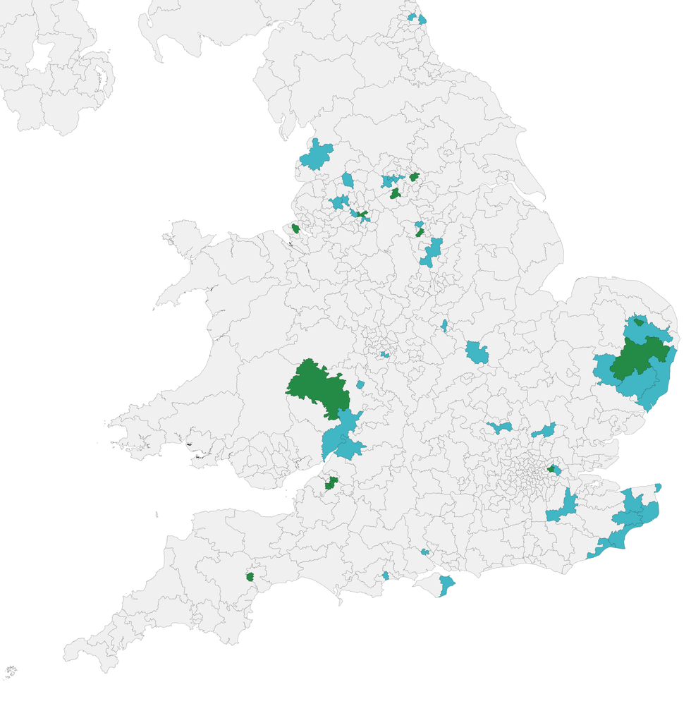 Here's a full map of seats in England and Wales which could be contested by Reform UK and the Green Party in a straight run-off