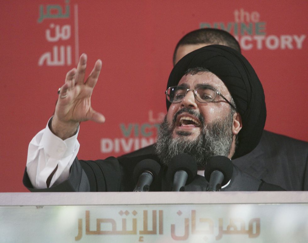 Hezbollah leader Sayyed Hassan Nasrallah speaks at a rally September 22, 2006 in Beirut, Lebanon