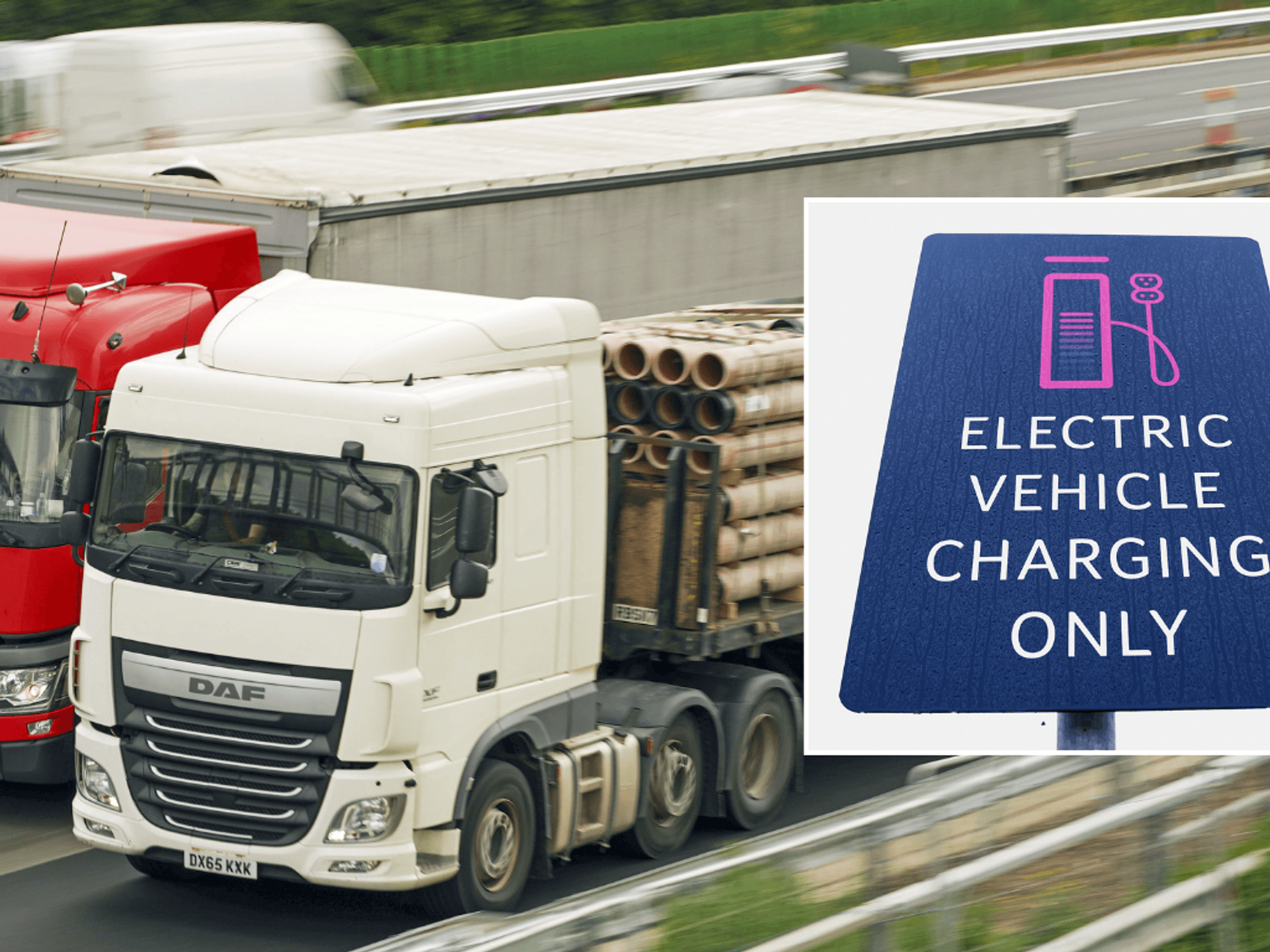 HGVs on road and electric vehicle charging sign