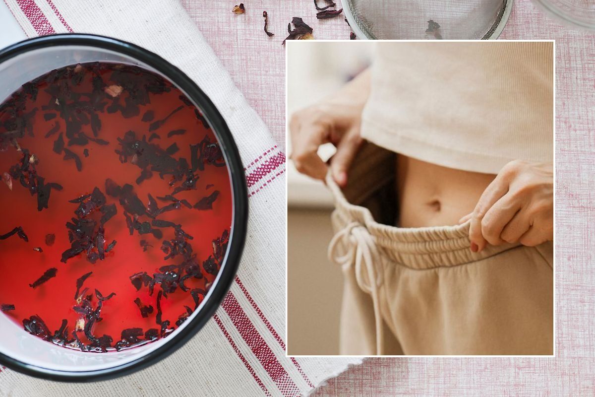 HIBISCUS TEA AND WOMAN HOLDING UP PANTS