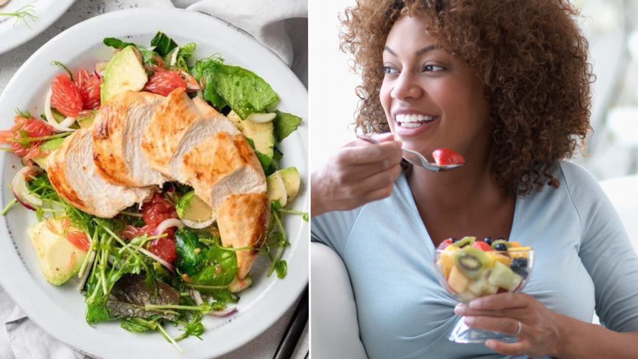 High protein chicken salad / woman eating fruit