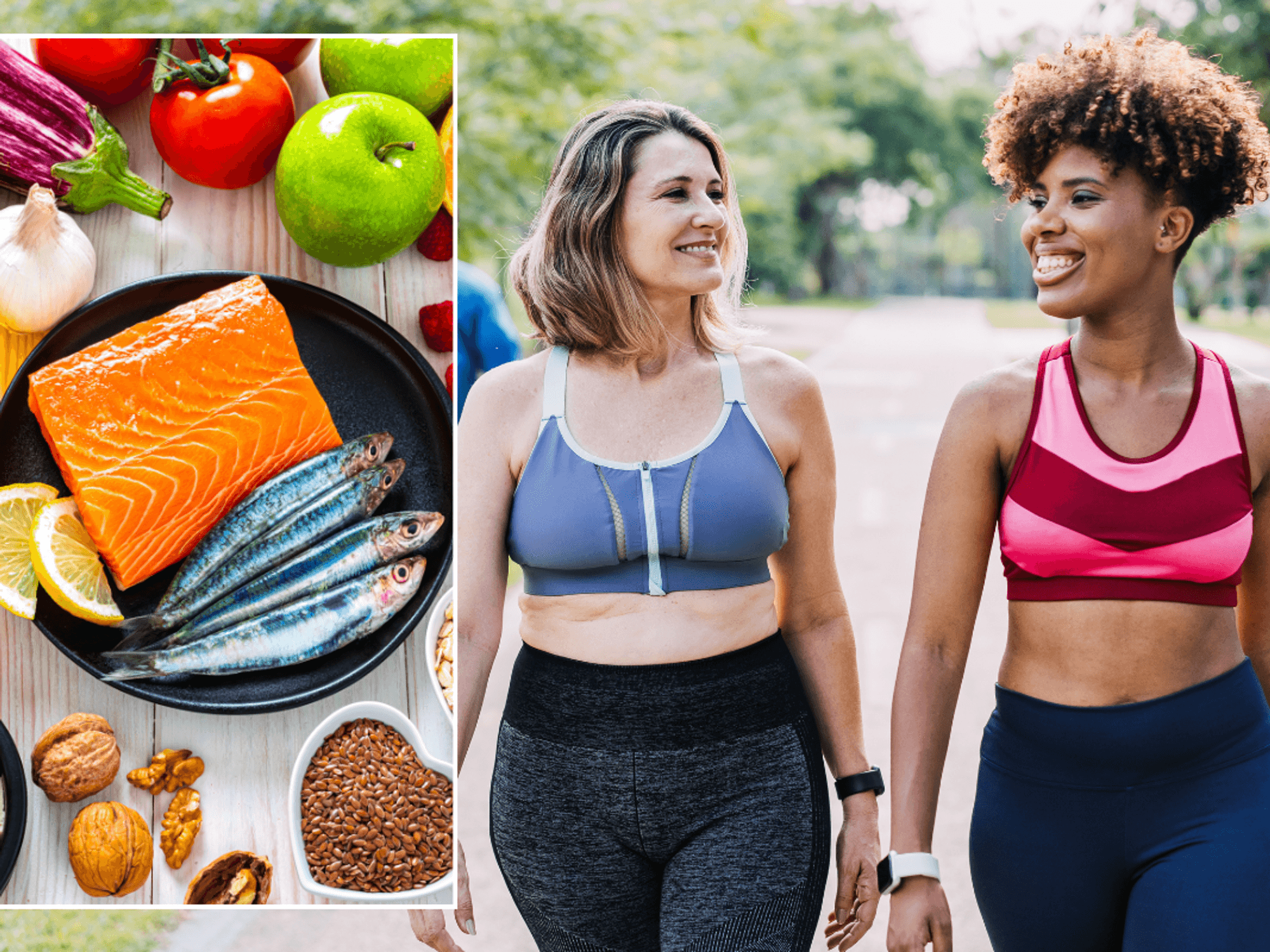 High-protein foods / Women walking