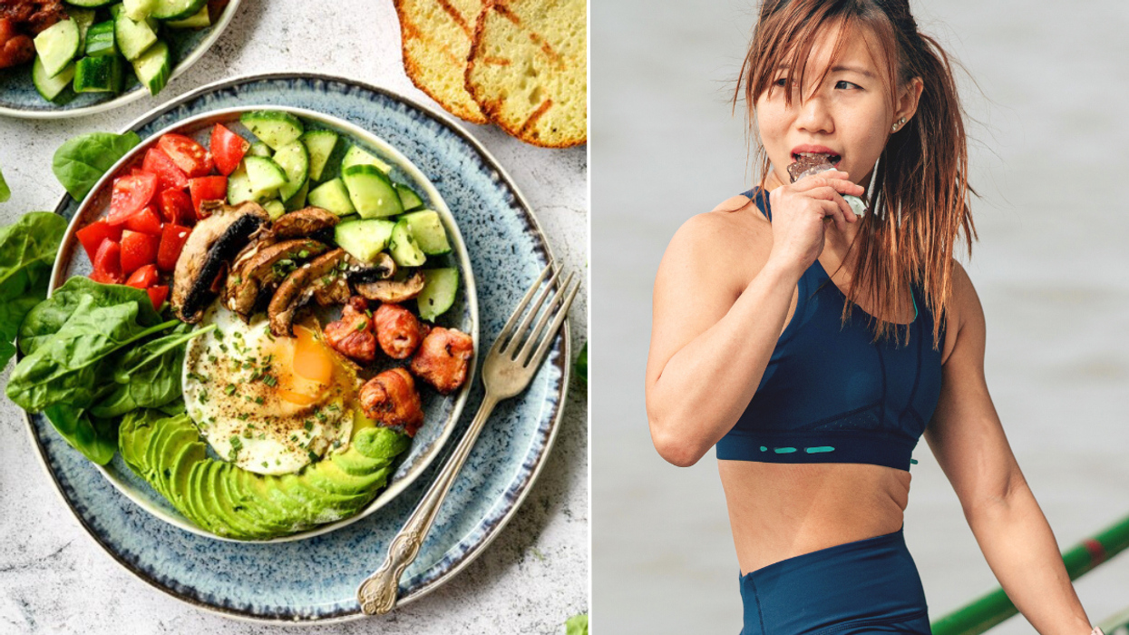 High protein salad / woman eating protein bar