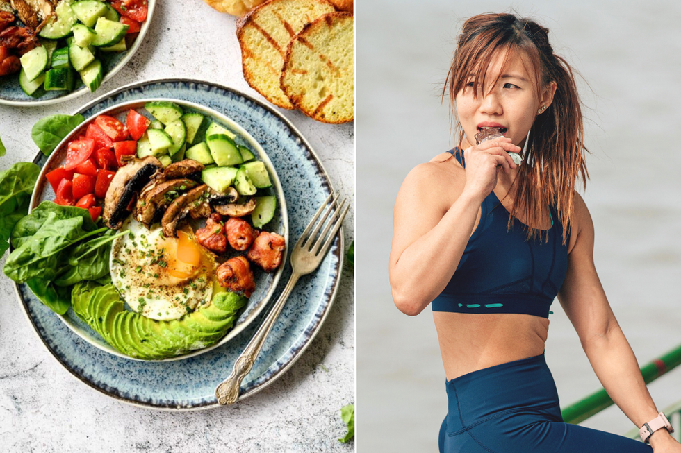 High protein salad / woman eating protein bar