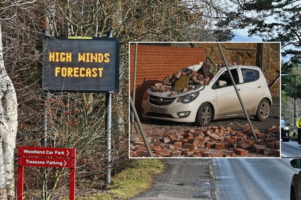 High winds forecast sign and a car covered in debris