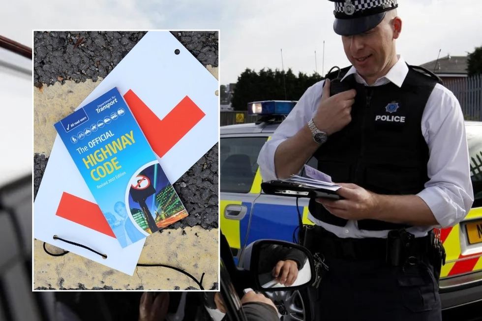 Highway Code book and a police officer pulling a car over 