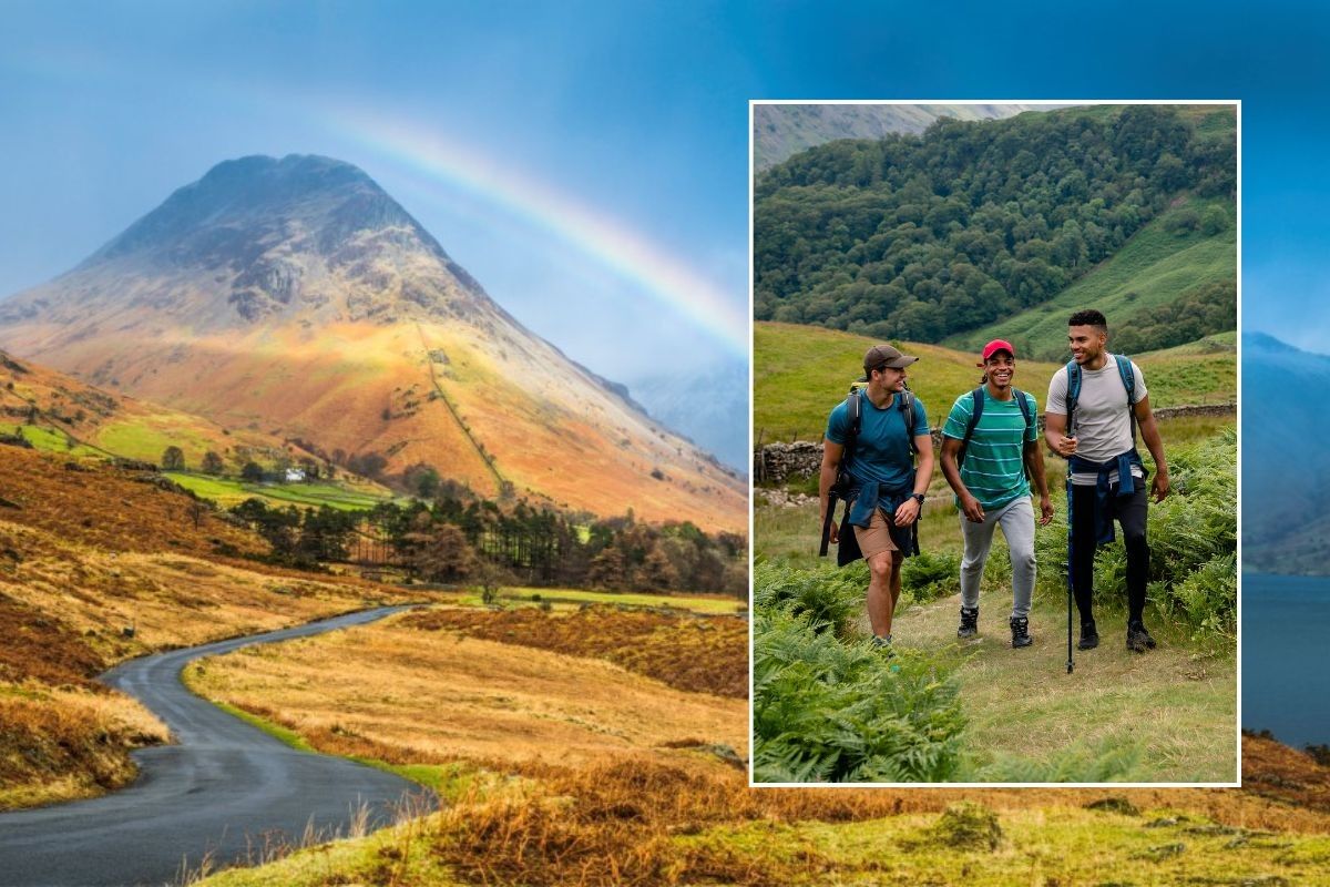 hikers on walking trail and stock image of lake district